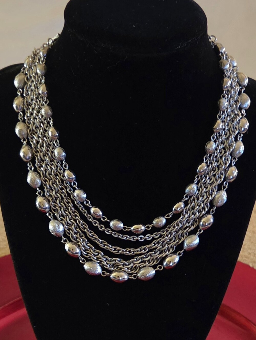 Vintage Silver Multi Strand Bib Necklace Chunky Textured Statement Layered